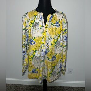 J. Crew Floral Popover Blouse in 100% Cotton with pleated detail at neck Size XL